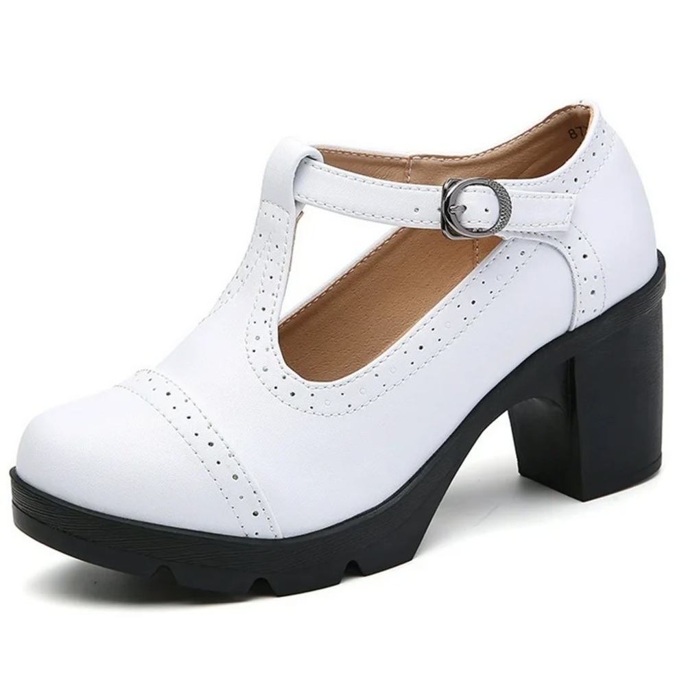 White Leather Classic T-Strap Chunky Mid-Heel Mary Jane Dress Shoes